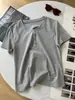 Camiseta de Manga Corta con Cuello Redondo y Falso Botonadura Frontal para Mujer, Nuevo Estilo Verano 2026, Hombro Normal, Elástica, Corte Ajustado, Top Casual