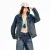 Conjunto jeans transfronteiriço feminino solto perna larga lavagem americana retrô azul jaqueta azul escuro calça azul escuro estendida