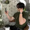 Camiseta Casual e Sofisticada de Manga Curta Asclo&Qiao, Tricô Minimalista Estilo Coreano, Top Masculino Versátil com Gola Henley