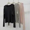 Camiseta base de cuello redondo con borde enrollado de lana Tencel, suave y amigable con la piel, para mujer, corte holgado, adelgazante, con caída, relajada, camiseta clásica de manga larga