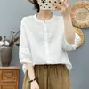 Camisa de Lino para Mujer con Mangas a Media Longitud y Cuello Redondo, Estilo Delgado de Verano, Fresca y Transpirable, Camisa de Lino Puro, Top de Manga Tres Cuartos de Alta Calidad