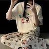 Pijama de Dos Piezas Estilo Coreano Lindo de Mickey para Mujer, Verano, Manga Corta, Pantalones Sueltos, Dibujos Animados, Cuello Redondo, Traje de Estudiante, Ropa para el Hogar