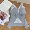 Top Sexy de Encaje con Retazos y Cuello Halter en V Retorcido de Calidad Original con Diseño de Almohadilla en el Pecho para una Espalda Hermosa