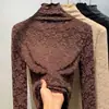Camiseta Base Jacquard de Encaje Engrosada de Venta Caliente para Otoño e Invierno para Mujer, Top Cálido de Cuello Alto para Otoño e Invierno