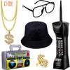 HIPHOP Hip Hop Accesorios de Fiesta Dólar Collar Grande Dorado Anillo Inflable Acústico Sombrero de Sol Negro Traje Venta al Mayoreo