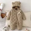 Mameluco forrado de polar para bebé, patrón de rombos acolchado de otoño e invierno, algodón acolchado, unisex, engrosado para usar al aire libre, mameluco cálido y cómodo