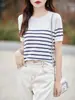 Camiseta de Manga Corta a Rayas para Mujer Tejido 2025 Nuevo Verano Moda Delgado Top Holgado Estilo Marino Camiseta