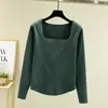 Camiseta de Lã Fina com Gola Quadrada e Manga Longa Outono e Inverno Feminina Slim Fit Camisa Base Forrada com Lã Top Liso Slim Fit