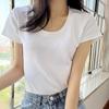 Top Curto Feminino de Algodão Liso, Manga Curta, Padrão de Caranguejo com Cinco Painéis, Nova Coleção de Verão, Slim Fit, Gola U, Camisa Base em Camadas