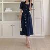 Vestido Quadrado com Gola Quadrada, de Botão Único, com Laço e Mangas Bufantes, Estilo Francês, Feminino, de Dongdaemun, Coreia