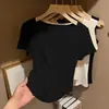 Camiseta Feminina Verão 2026 Slim-Fit Canelada Gola Quadrada Manga Curta com Efeito Drapeado, Tamanho Grande, Top Liso