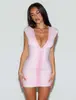 Vestido de Vendaje Rosa de Escote Profundo en V Estilo Europeo y Americano, Vestido Corto Bodycon sin Mangas Ajustado con Cierre, Vestido de Fiesta para Chicas Atrevidas al por Mayor