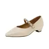 Zapatos Mary Jane de estilo francés con pedrería, punta fina y tacón medio, nuevo modelo primavera-verano 2026, corte bajo para combinar con faldas, con una sola tira de hebilla y tacón grueso