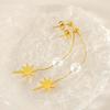 Brincos Simples de Estilo Retrô Francês com Design de Borla de Pérola em Estrela de Oito Pontas Linha de Aço Inoxidável Banhado a Ouro 18K