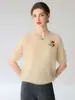 2026 Nueva Camisa de Punto de Cachemira Pura de Manga Corta para Mujer, Top Bordado Floral de Cuello Redondo, Suéter Fino de Lana para Primavera/Verano