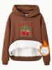 Suéter de mujer transfronterizo de otoño e invierno con bolsillo tipo canguro, capucha, manga larga, forro polar, estampado de cereza engrosado, venta al por mayor