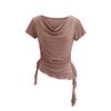 Camiseta de Manga Corta con Cuello de Solapa Estilo Americano para Mujer, Verano 2025 Diseño Irregular Cordón Cintura Entallada Top Corto