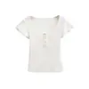 26017-26 Verano Estilo Coreano Ajuste Delgado Cuello en U Grande Mangas Volantes Doble Capa Dobladillo Abierto Manga Corta Pullover Camiseta Capa Base