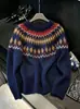 Suéter de punto Fair Isle de mohair azul marino para mujer, otoño e invierno, diseño holgado y casual, top de nicho