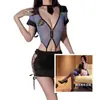 Conjunto Atractivo de Uniforme de Policía de Una Pieza con Tirantes Calados, Falda Bodycon Estilo Secretaria, Cuello en V Transparente Atrevido