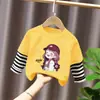 Camiseta de Manga Larga para Niña, Capa Base Elegante, Falso Dos Piezas, Patchwork Rayado, Camiseta para Niño, Primavera/Otoño, Cuello Redondo, Camiseta para Bebé, Top de Algodón Puro