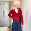 Um conjunto de outono feminino 2024 novo casaco cardigã de tricô vermelho casaco de gola terno de duas peças