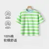Camiseta de Verano Nueva de Algodón Puro con Rayas de Manga Corta para Niños, Top Holgado Transpirable para Niños, Versátil Casual para Exteriores, Manga Media