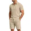 2026 Amazon TK Venda Quente Verão Masculino Gola Lapela Cor Sólida Manga Curta Botão Camisa de Linho Masculina Conjunto de Shorts