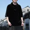 Camiseta de verão Yamamoto yaosi escura com gola alta parcial moda masculina plissada nicho irregular manga curta camiseta de base masculina