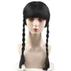 Peluca de Cosplay de Halloween Miércoles de la Familia Adams Negra con Flequillo Lateral Doble Giro