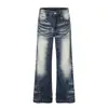 G60026 Rua Ya Feng Tendência Unissex Couro de Vaca de Alta Qualidade Bigodes de Gato Decoração de Metal Calça Jeans Masculina de Perna Reta Micro Flare