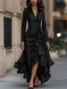 Nuevo Sitio Web Independiente Europeo y Americano Transfronterizo Amazon Vestido de Primavera Satín Cuello en V Ceñido a la Cintura Volante Elegante Vestido