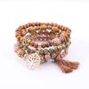 Fabricantes de pulseiras de borla de contas de madeira de árvore da vida, conjunto de pulseiras de rosa de liga boêmia personalizadas, atacado