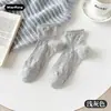 Calcetines Finos de Algodón para Mujer de Primavera, Calcetines Estilo Japonés con Relieve 3D de Media Pantorrilla, Calcetines Versátiles de Color Sólido con Volantes de Encaje Dulce