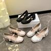Zapatos Mary Jane Casuales de Moda para Mujer, Estilo Retro de Verano, Estilo Nacional, Perla, Punta Cuadrada de Una Sola Tira, Jacquard, Tacón Grueso