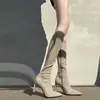 Botas Largas para Mujer 2025 Otoño e Invierno Punta Fina Tacón Alto Botas Largas Gamuza Elástica Ajustadas Botas de Tacón Grueso Hasta la Rodilla Botas de Montar