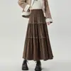 Foto Real de Saia de Bolo Patchwork de Renda Aveludada para Mulheres, Saia Plissada de Cintura Alta Texturizada de Comprimento Médio em Linha A para Outono e Inverno