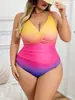 Nuevo traje de baño de una pieza talla grande estilo europeo y americano para mujer, cuello en V degradado, fruncido y plisado, disimula la grasa corporal, talla grande, adecuado para aguas termales y vacaciones en la playa