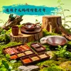 Restaurante de hotpot estilo montaña, plato de res recién cortada, vajilla, tazones, platos, tazas, cucharas, plato comercial de champiñones, plato dividido para salsas para mojar y platos de servir