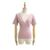 25109-26 Primavera Estilo Coreano Ajustado Cuello en V Profundo Atado Liso Corto Manga Corta Suéter Camiseta Camisa Base