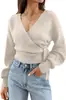 Deseje Moda Feminina Primavera e Outono da Amazon Europeia e Americana Garota Popular Versátil Blusa com Decote V Modelagem Justa Cardigã de Manga Longa Tricô Tendência