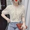 Camisa de Chiffon com Decote V e Babados para Mulheres, Camisa de Renda Estilo Super Fada, Novo Top Elegante de Manga Curta para o Verão