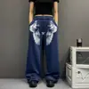 Calça de moletom niche estilo casual americano com estampa de asa e estrela em blocos de cor, calça de moletom azul solta e fluida, calça de dança jazz