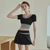 Conjunto de Shorts Esportivos de Yoga Anti-Exposição com Bolso Lateral Transfronteiriço, Peça Falsa Dupla, Bloqueio de Cores, Feminino, para Corrida, Fitness, Respirável, Secagem Rápida