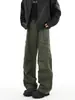 Calça Cargo de Sarja Lavada Estilo High Street Americano Masculina Verde Militar Calça de Paraquedista Plissada Masculina Calça Casual Retro Solta de Perna Larga