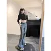 Toma real: Jeans retro americanos con borde crudo y pedrería para mujer, pantalones largos casuales de otoño lavados, sueltos, ligeramente atrevidos, a la moda