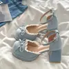 Sandálias de Salto Alto Novas Primavera/Verão 2026 Vazadas Doce Francês Renda Laço Salto Bloco Sapatos Mary Jane para Mulheres