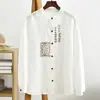Camisa de Cuello Vertical Estilo Nuevo Estilo Chino Bordada Holgada Top de Algodón y Lino para Mujer