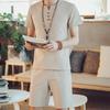 Traje de lino de verano de manga corta para hombre, estilo chino, camiseta de lino de algodón con cuello en V, top informal de media manga de lino moderno para hombre, fino