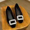 Zapatos de Salón de Corte Bajo con Aumento de Altura, Zapatos Planos de Gamuza para Mujer con Hebilla Cuadrada, Zapatos Versátiles de Moda, Nuevo Punta Cuadrada Pequeña con Pedrería